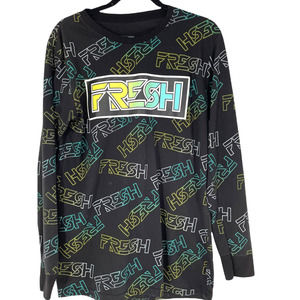 Hustle Mens Regular Fit Fresh Print T-Shirt Crew Neck Long Sleeve Size M Black